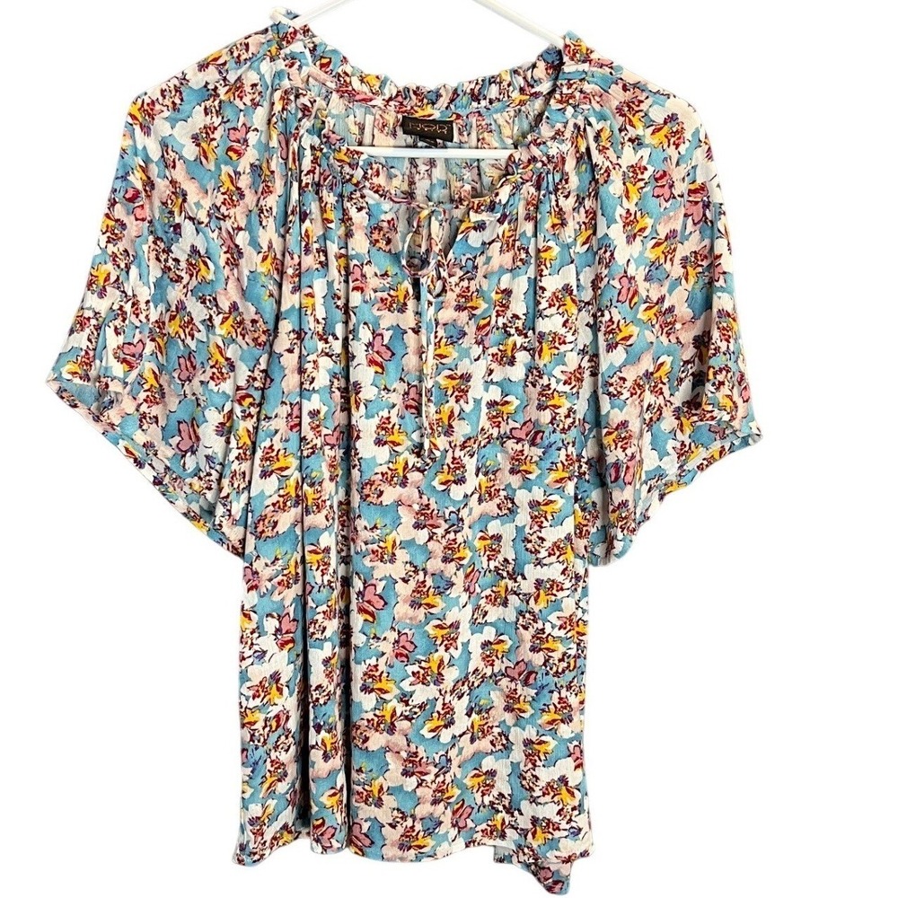 MOD LUSIVE Women Floral Print Tie Neck Flutter Sleeve Blouse Top Size L